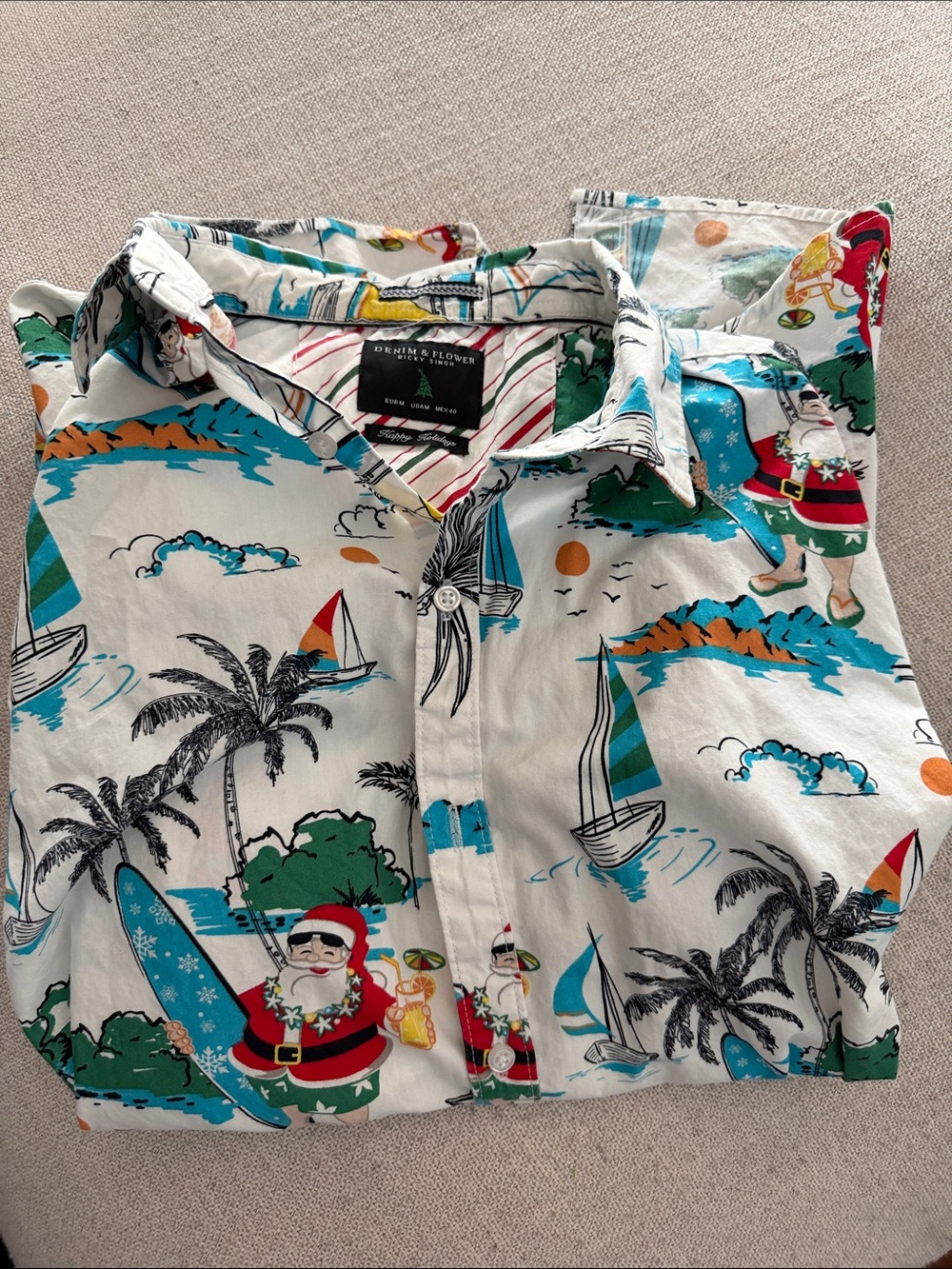 Denim & Flower White Santa Tropical Print Button-Up Short Sleeve